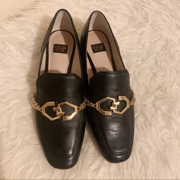 Louise et Cie Shoes - Black Leather Loafers With Gold Chain Detail.